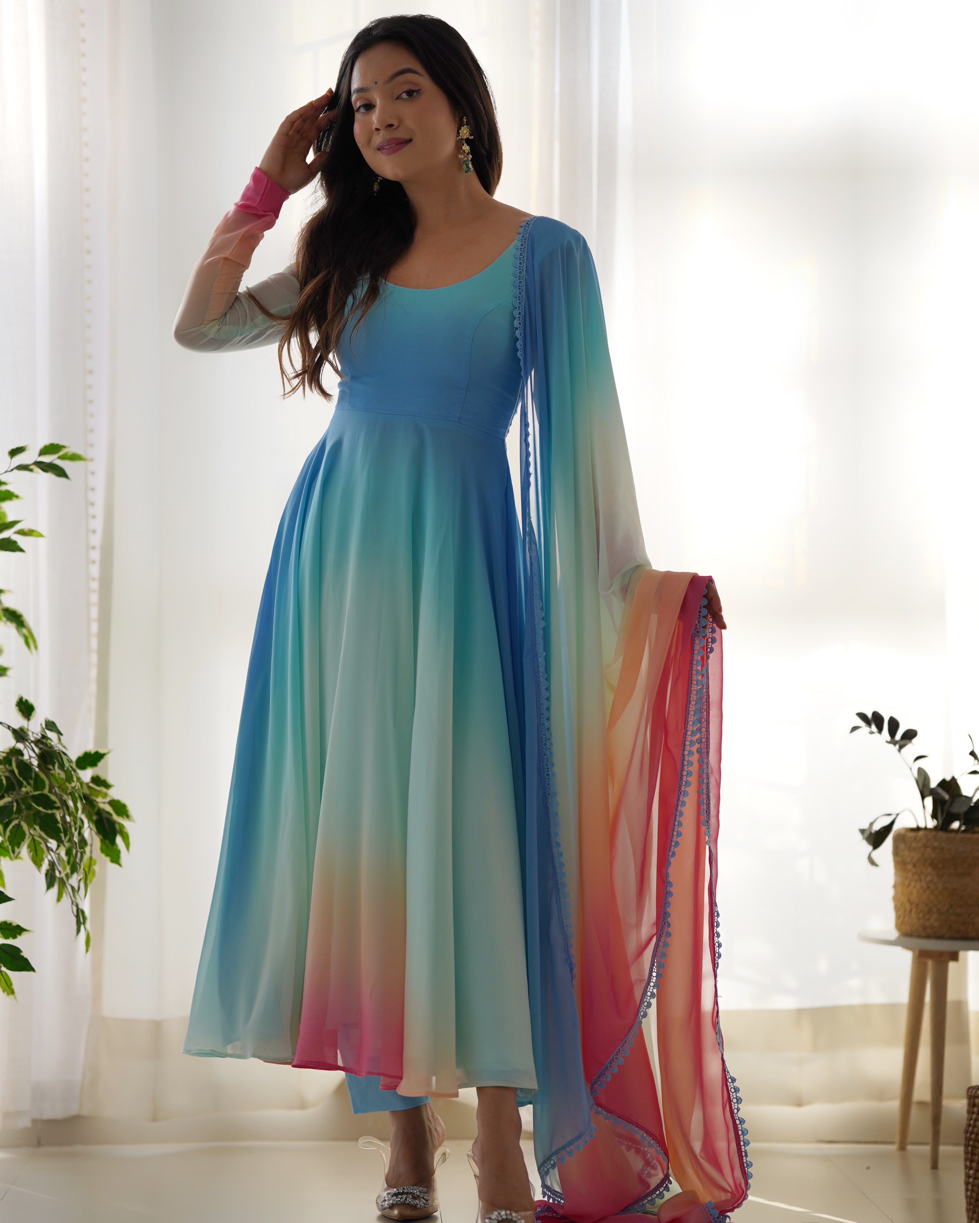 Sky Colored Organza Anarkali Gown With Pant & Dupatta Set