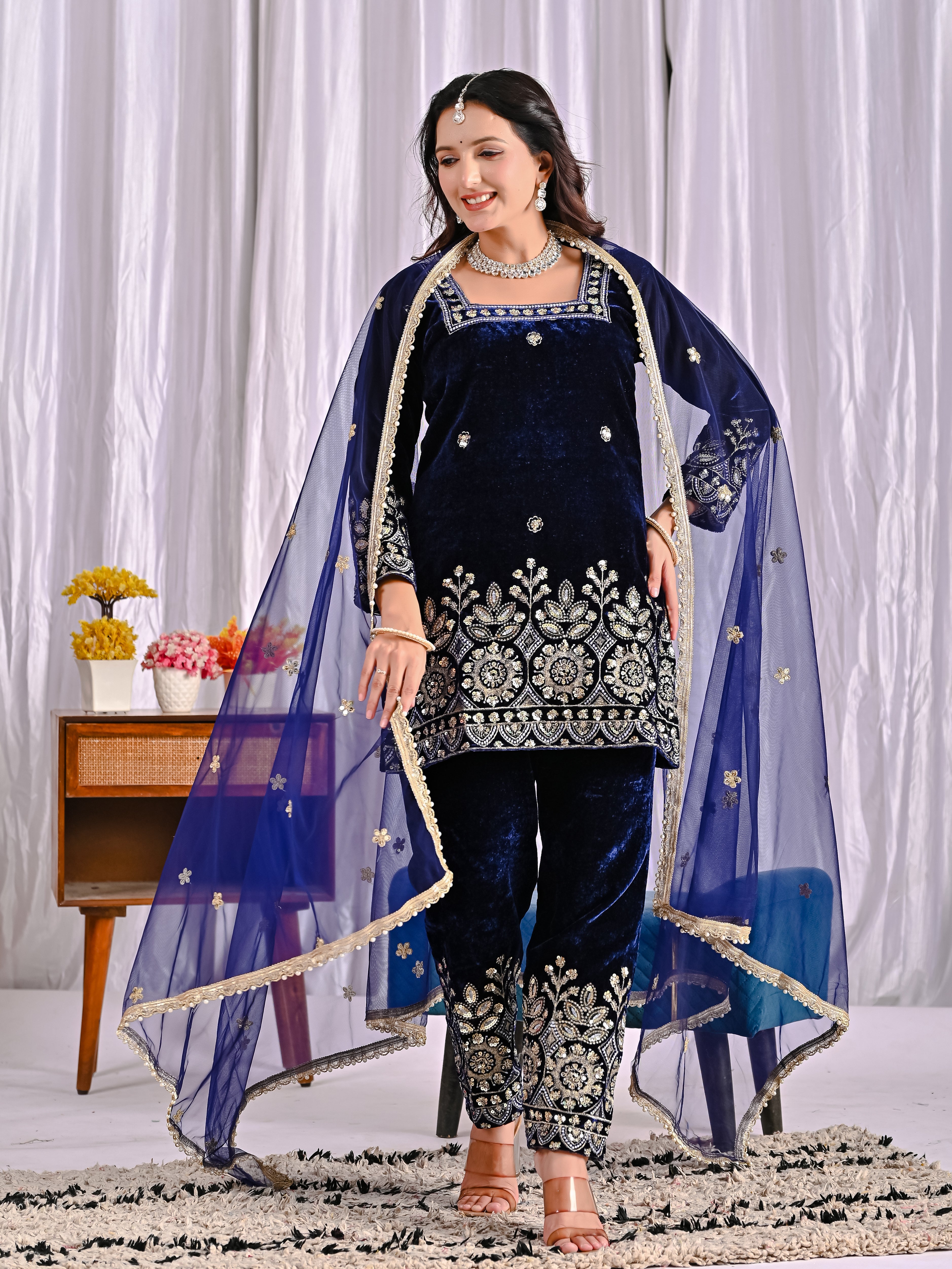 Premium Velvet Suit Adorned with Embroidery