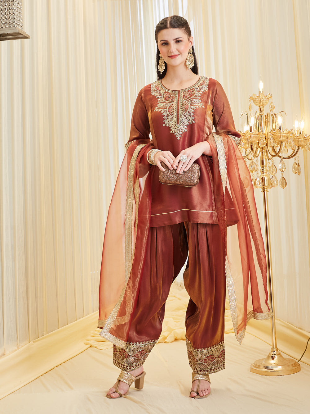 Rust Embroidered Silk Kurta Pant Suit Set