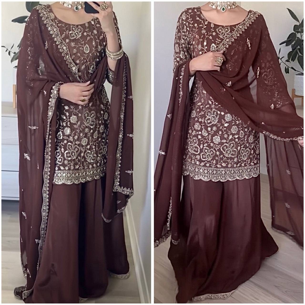 Elegance in Rich Brown Embroidery
