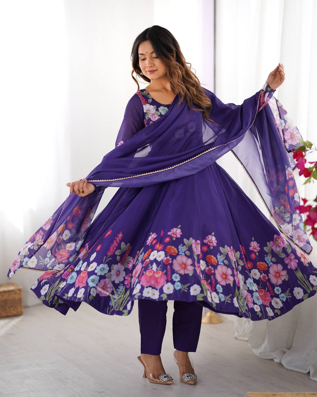Violet Floral Anarkali with Pastel Blossoms