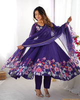 Violet Floral Anarkali with Pastel Blossoms