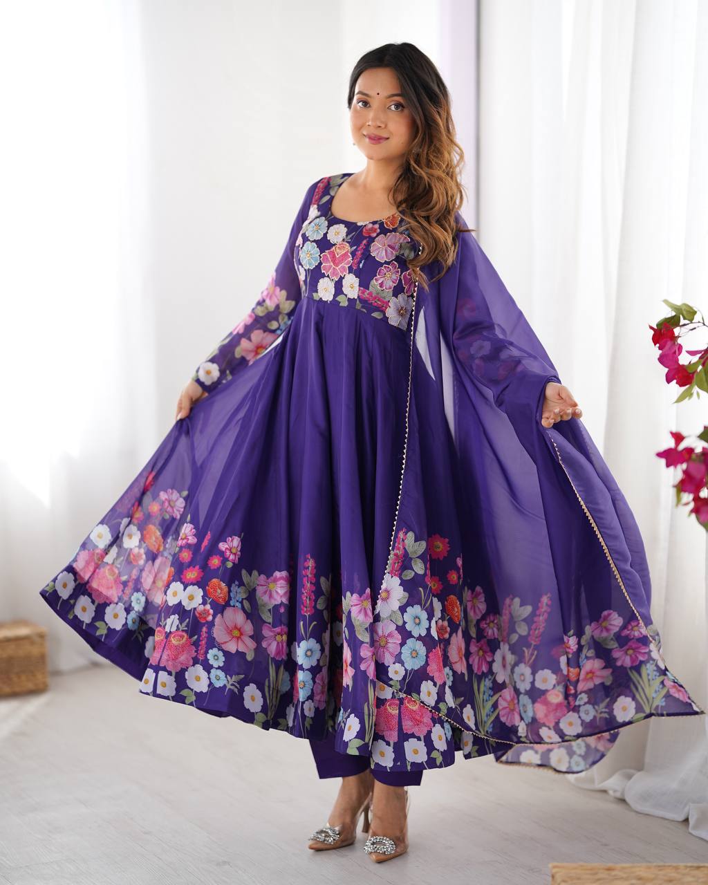 Violet Floral Anarkali with Pastel Blossoms