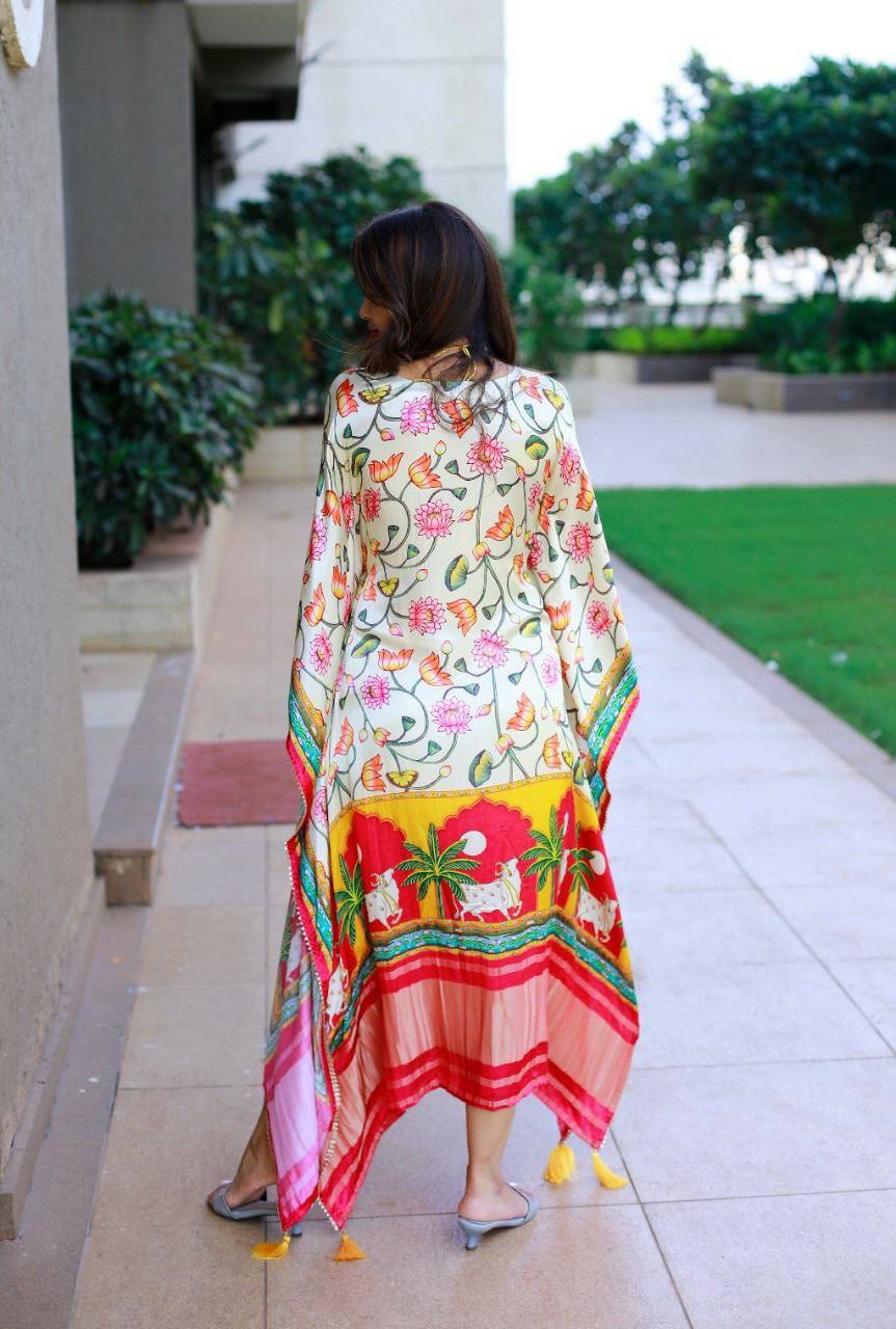 Elegant Satin Silk Print Kaftan Kurta For Women