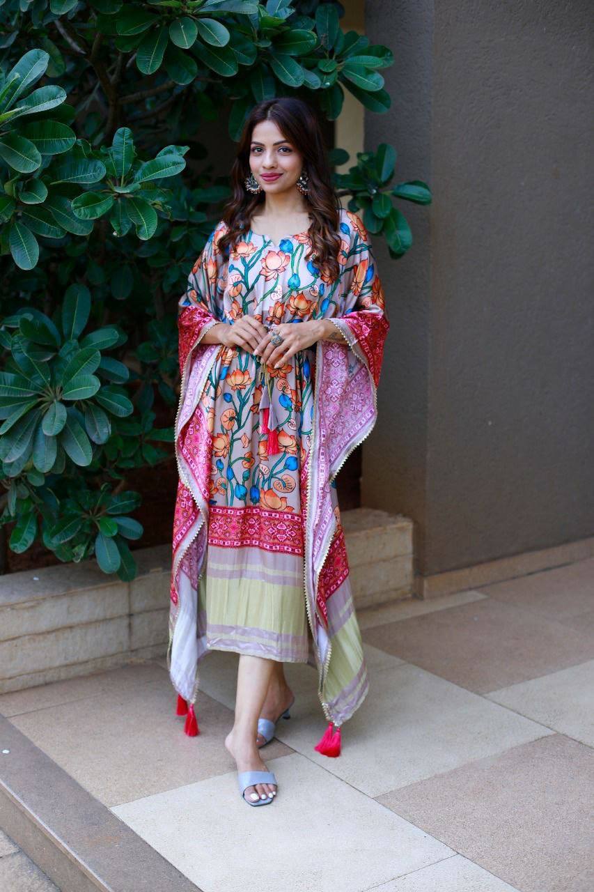 Elegant Satin Silk Print Kaftan Kurta For Women