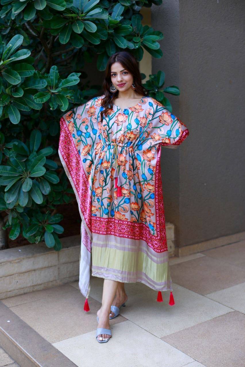 Elegant Satin Silk Print Kaftan Kurta For Women