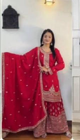 Embroidered Kurta Sharara Suit Set With Dupatta