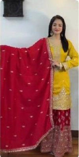 Embroidered Kurta Sharara Suit Set With Dupatta