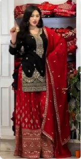 Embroidered Kurta Sharara Suit Set With Dupatta