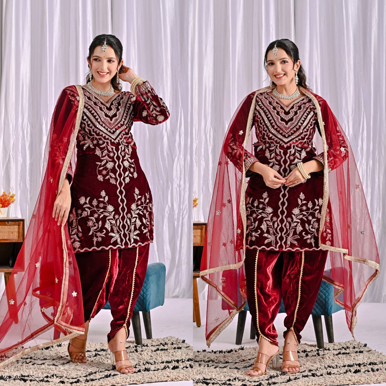 Luxurious Velvet Maroon Patiala Suit Design