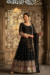 Elegant Noir Embroidered Anarkali Ensemble
