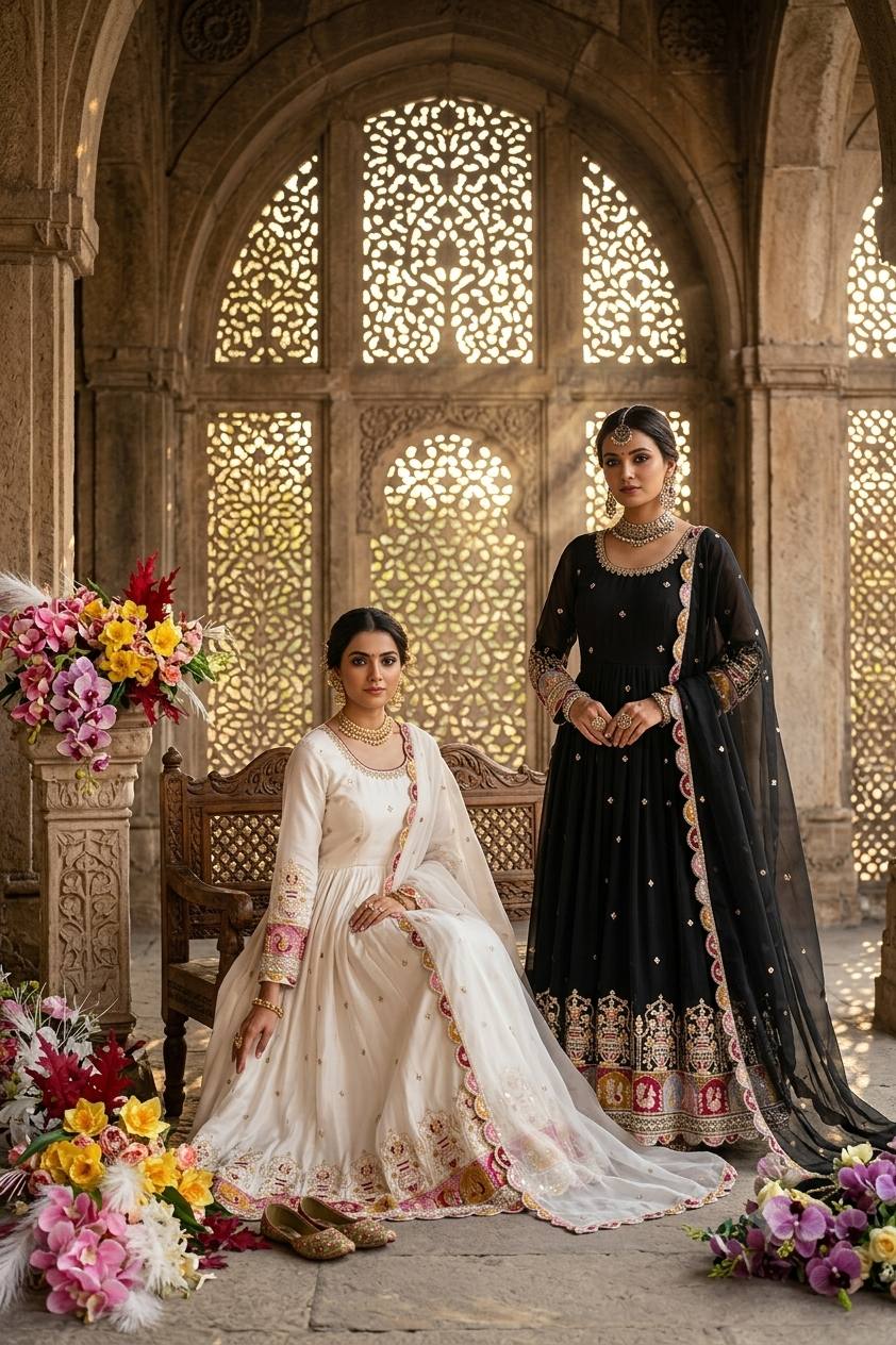 Elegant Noir Embroidered Anarkali Ensemble