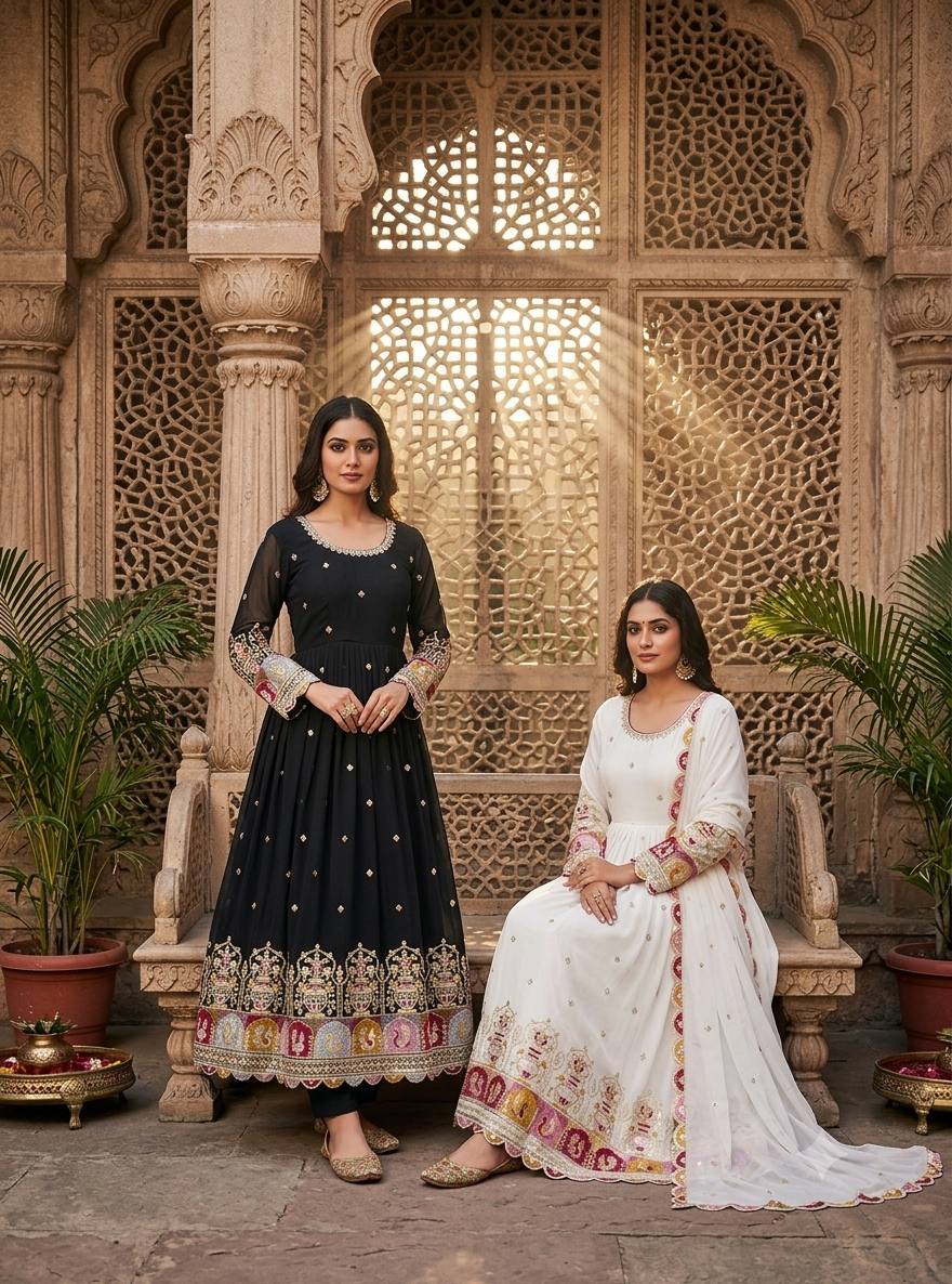Elegant Noir Embroidered Anarkali Ensemble