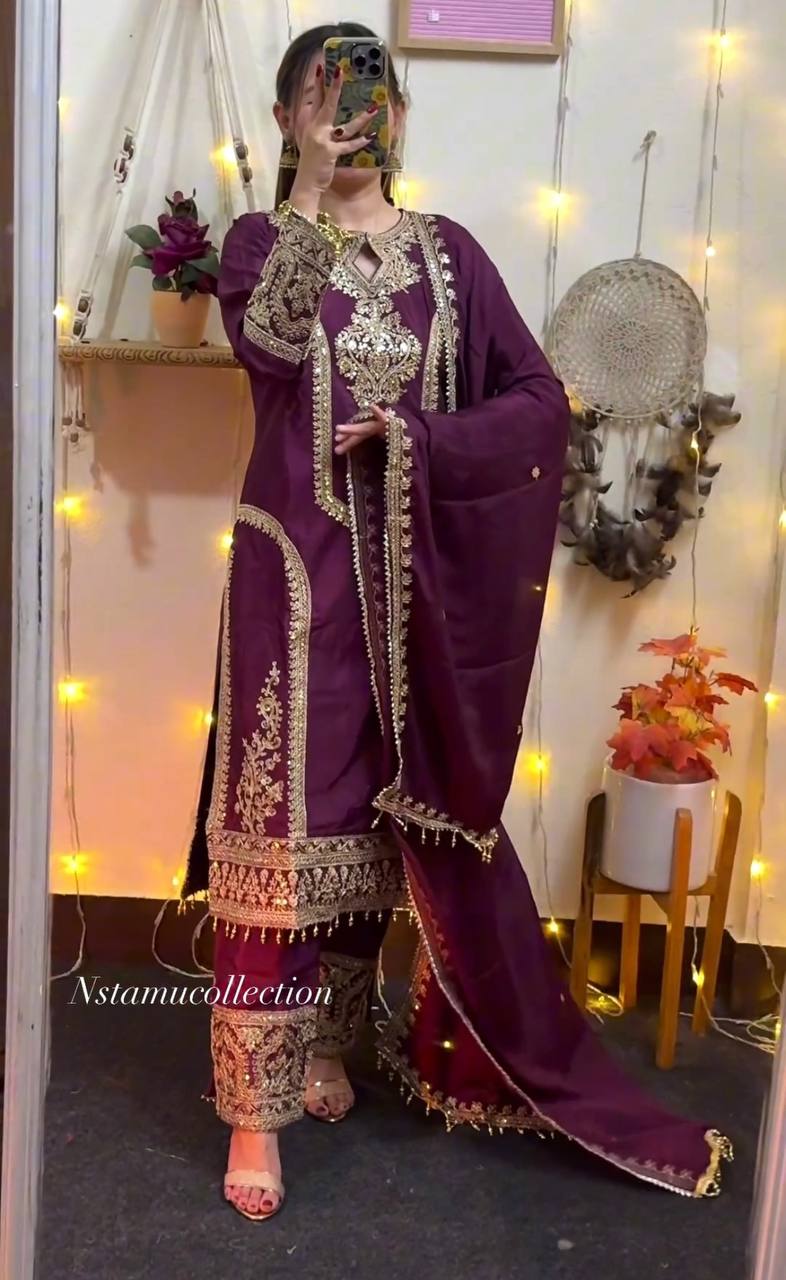 3 Different Coloured Embroidered Attractive Party Wear Chinon Silk suit