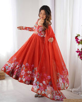 Flower Printed Anarkali Gown With Pant & Dupatta Set