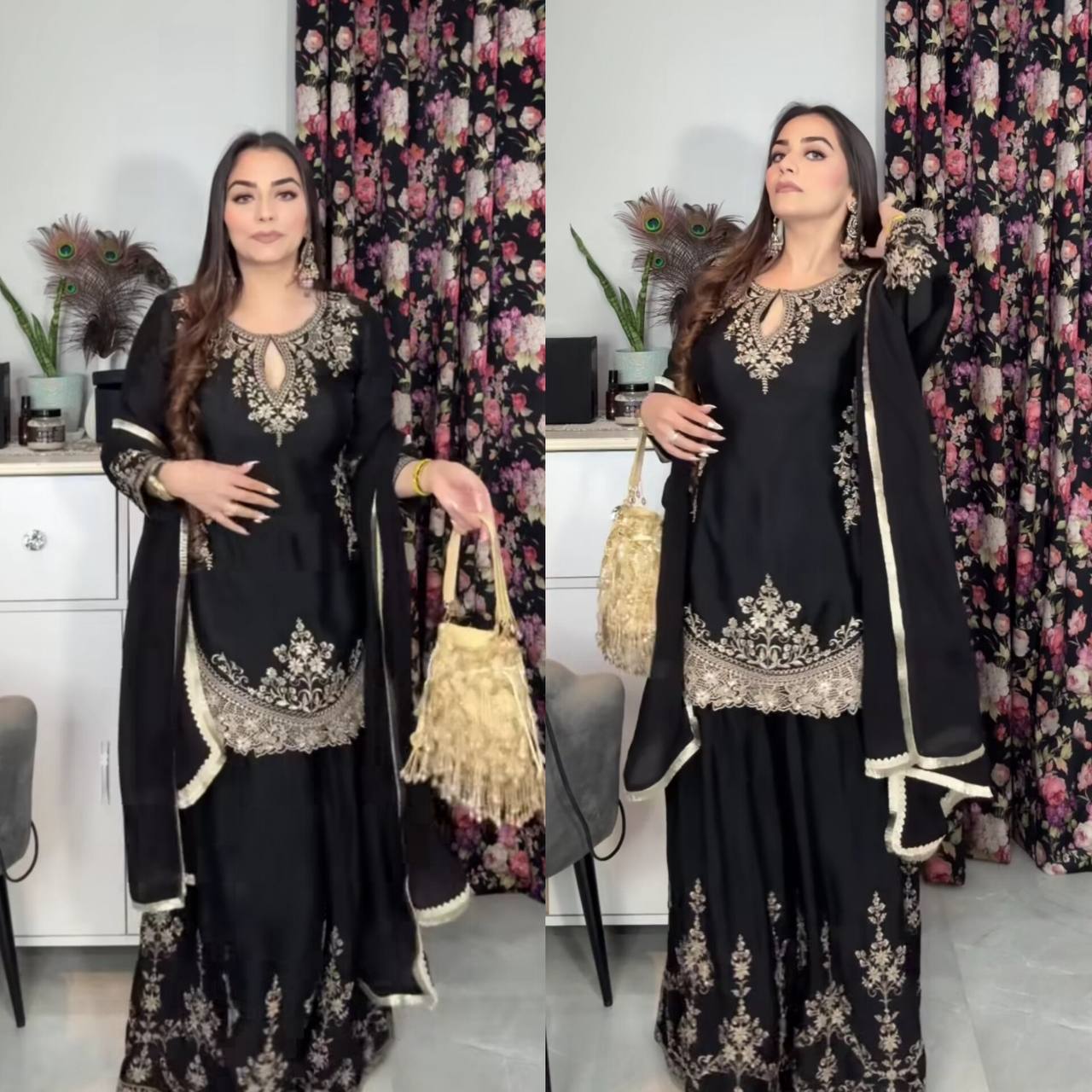 Elegant Noir Regal Black Embroidery Suit