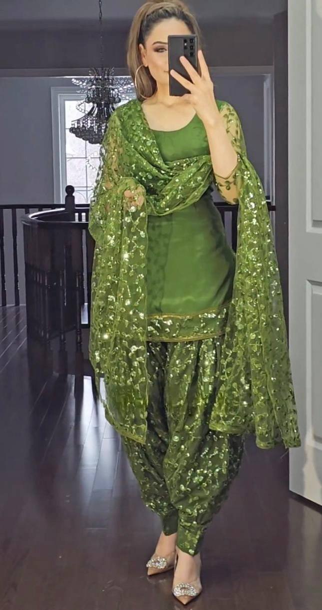 Mehendi green Colour New Designer Fox Georgette Top Dhoti Salwar and Dupatta Set