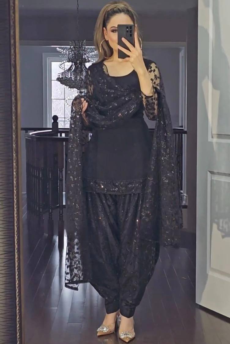 Black Colour New Designer Fox Georgette Top Dhoti Salwar and Dupatta Set