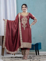 Regal Maroon Elegance Embroidered Silk Suit