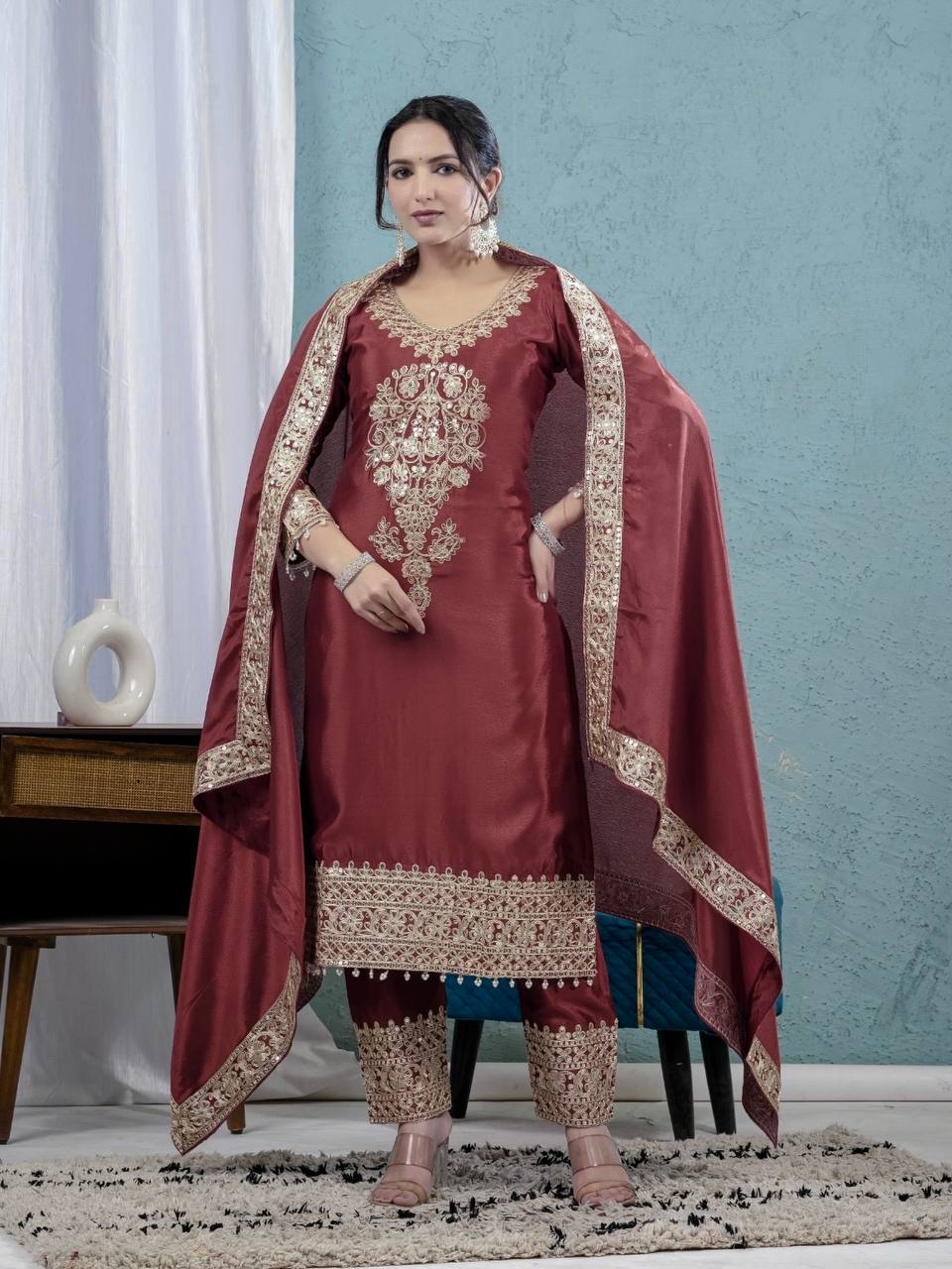 Regal Maroon Elegance Embroidered Silk Suit
