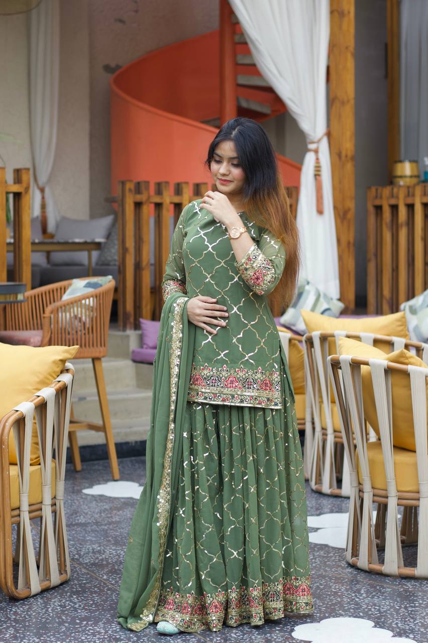 sharara dress Beige Crush Tissue Embroidered Kurta Suit With Dupatta Crafted in georgette this straight kurta features cut dana and moti detailing with a round neckline and 34th sleeves paired with a flared sharara mid Garara Suit Designs For Girls
