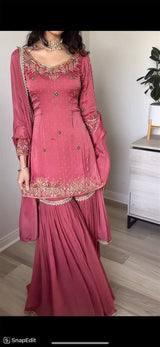 Rosewood Elegance Embellished Short Kurti with Gharara Set