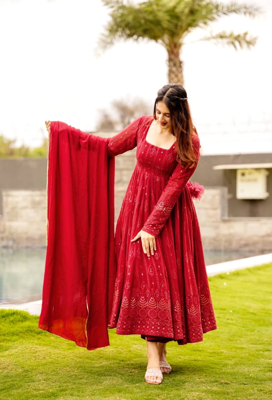 Red Embroidered Anarkali Kurta Suit Set