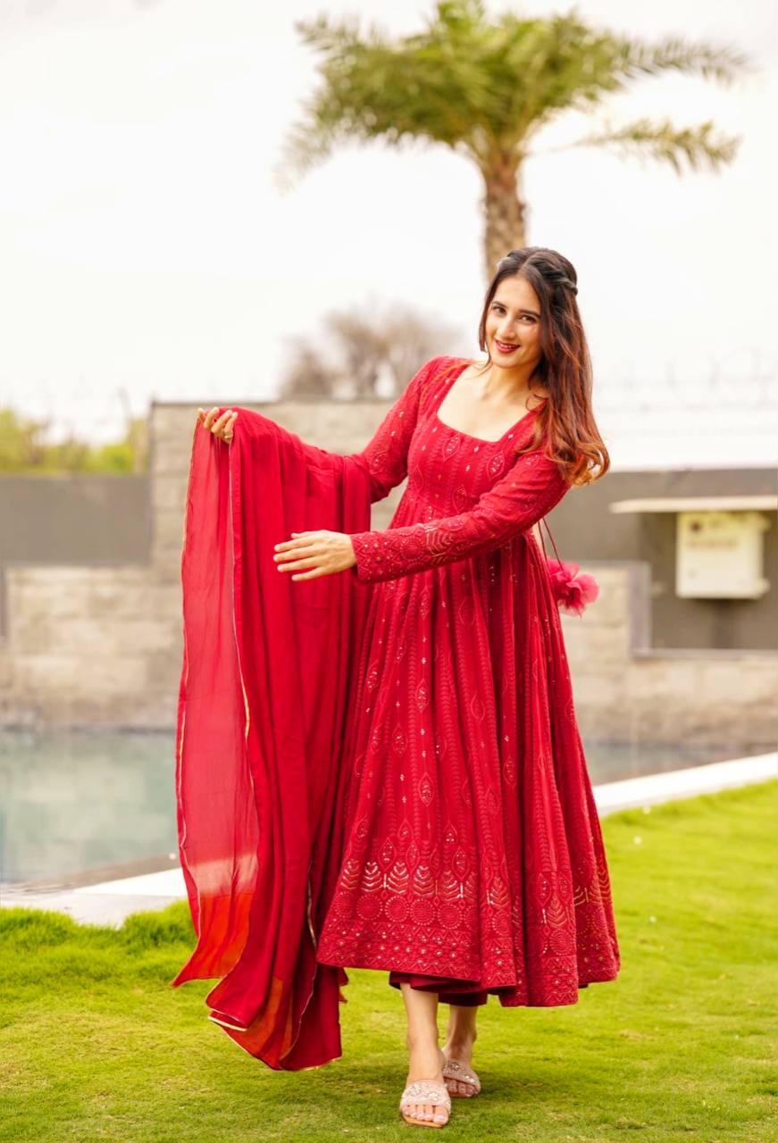 Red Embroidered Anarkali Kurta Suit Set