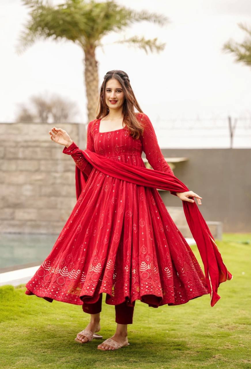 Red Embroidered Anarkali Kurta Suit Set