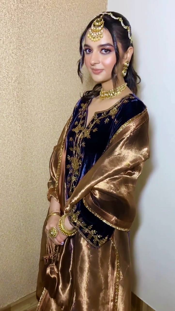 Golden Viscose Velvet Top Bottom & Dupatta Set