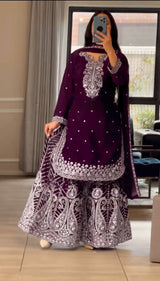 Deep Purple and Wine Gharara Set with Intricate White Embroidery