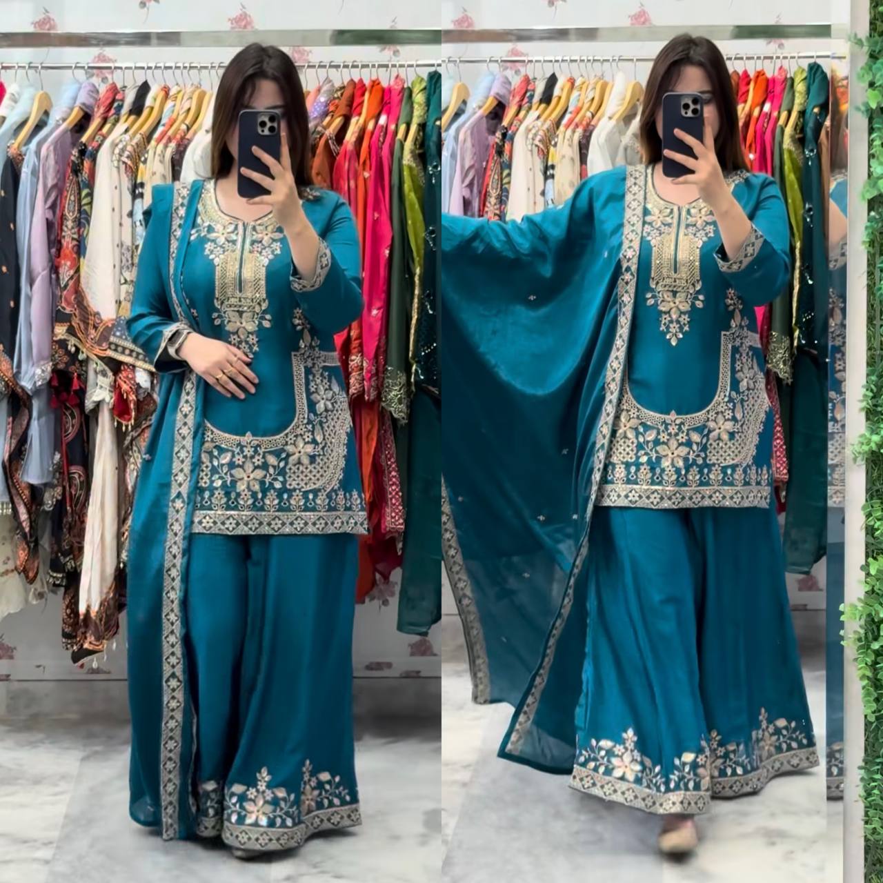 Regal Teal Heritage Embroidery Designer Palazzo Suit Set
