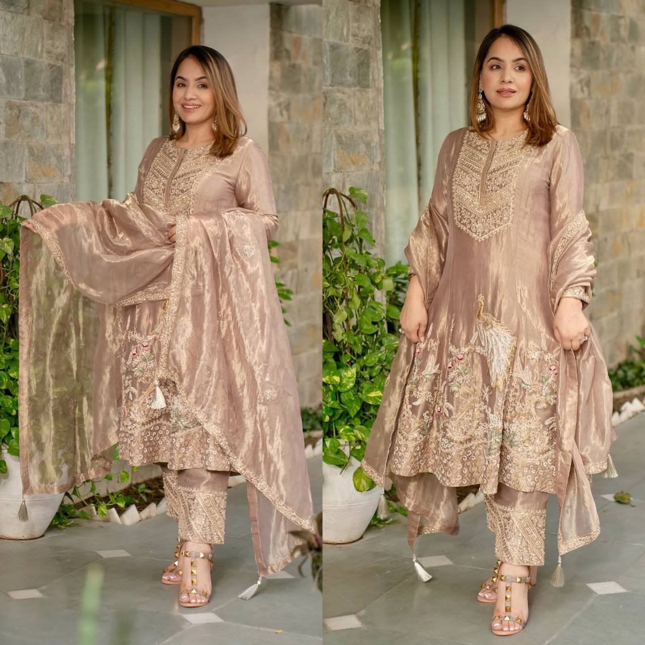 Beige Suit Adorned with Intricate Embroidery and Luxurious Gold