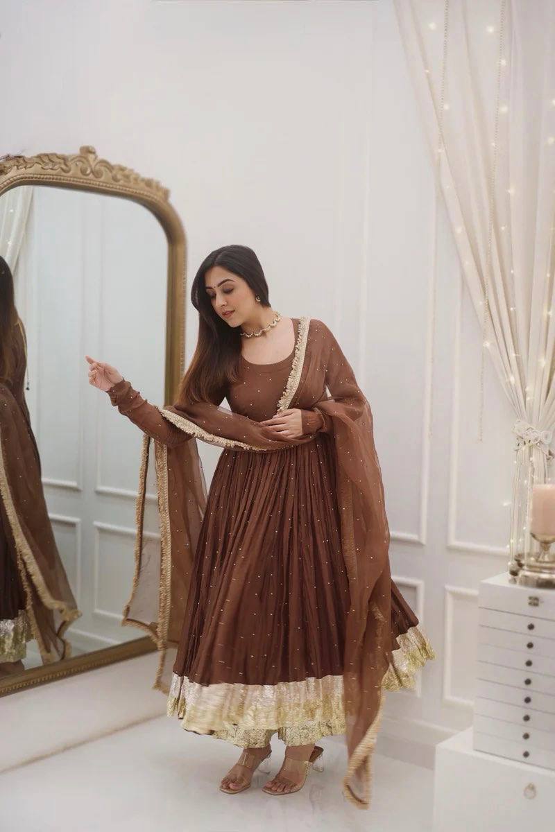 Elegant Brown Anarkali with Golden Accents