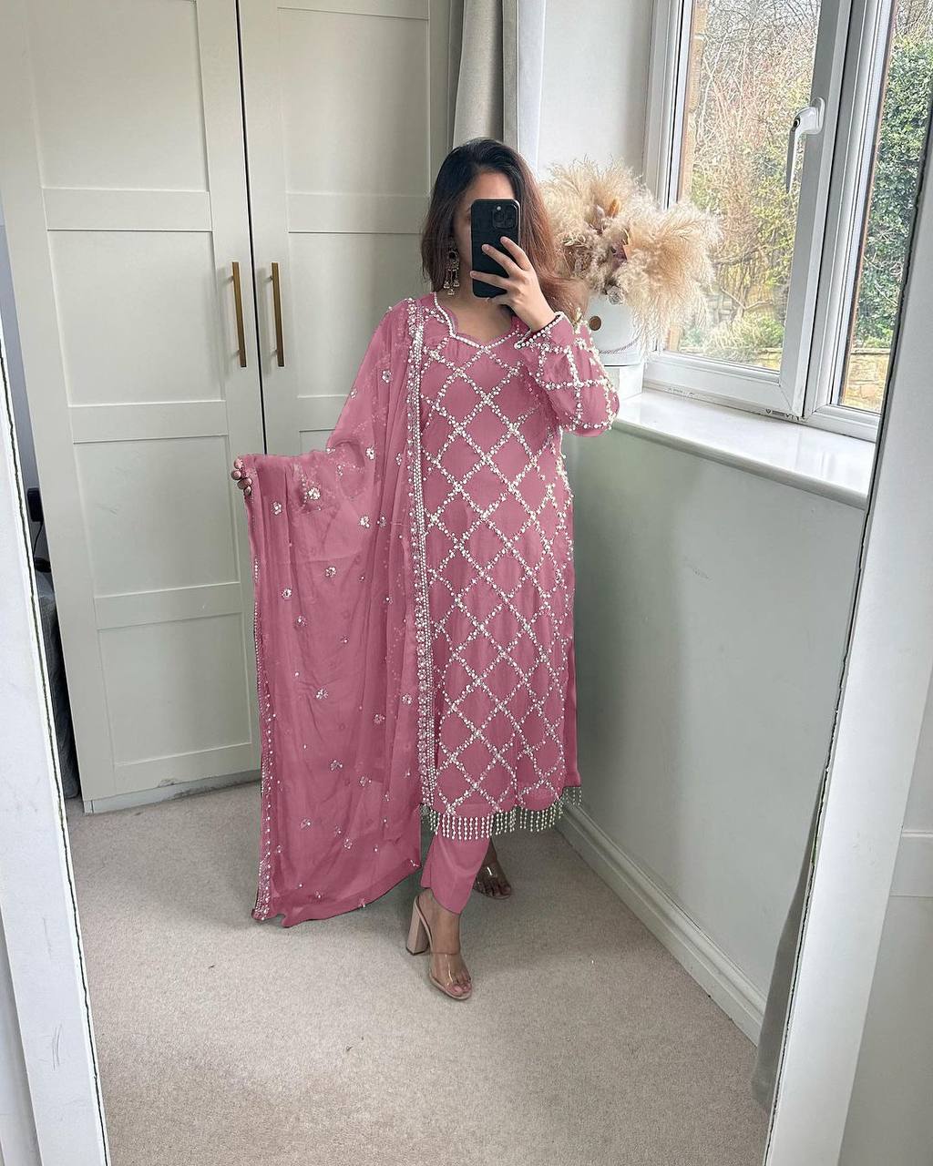 DESIRABLE FANCY FAUX GEORGETTE SEQUENCE EMBROIDERED WORK TOP AND PENT WITH DUPATTA