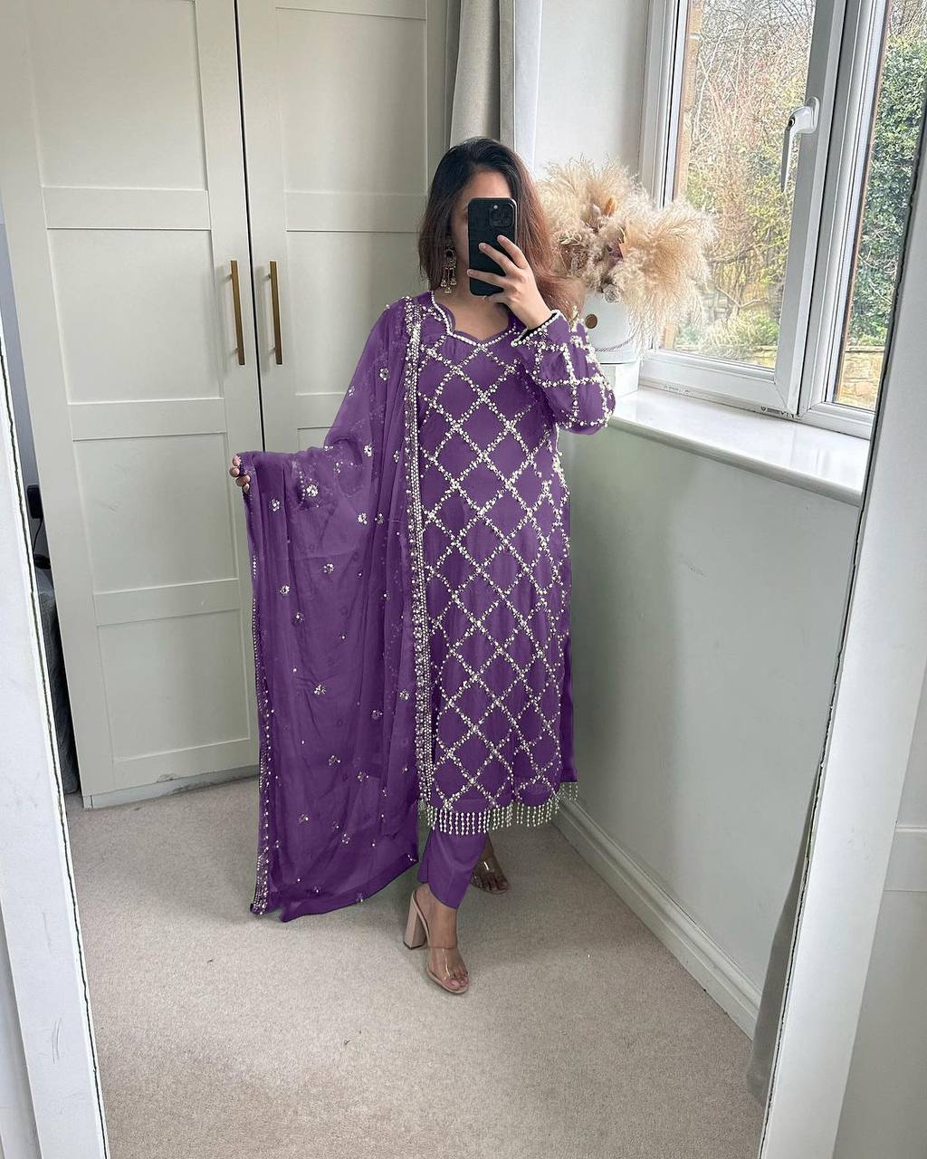 DESIRABLE FANCY FAUX GEORGETTE SEQUENCE EMBROIDERED WORK TOP AND PENT WITH DUPATTA