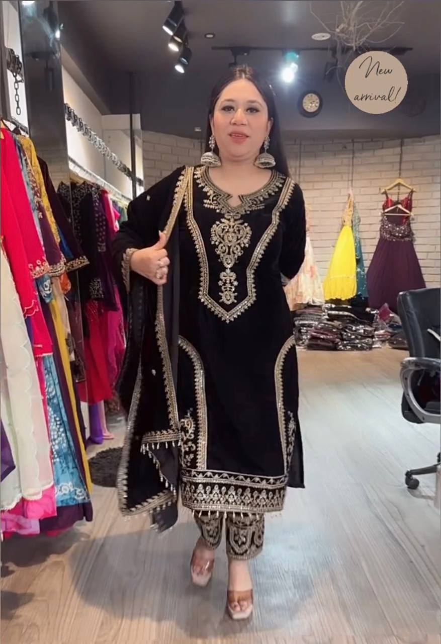 Đěsigner Party Wear Look Heavy Pure Viscose Velvet Top Plazzo & Dupatta Set