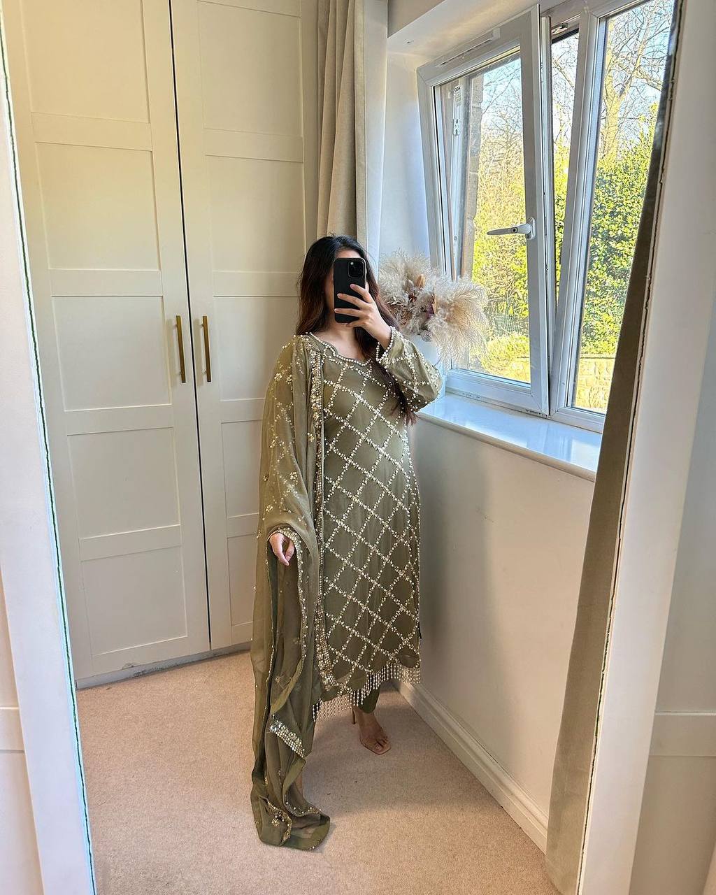 DESIRABLE FANCY FAUX GEORGETTE SEQUENCE EMBROIDERED WORK TOP AND PENT WITH DUPATTA