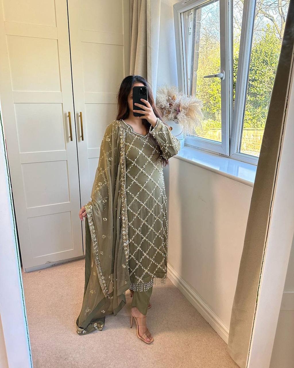 DESIRABLE FANCY FAUX GEORGETTE SEQUENCE EMBROIDERED WORK TOP AND PENT WITH DUPATTA