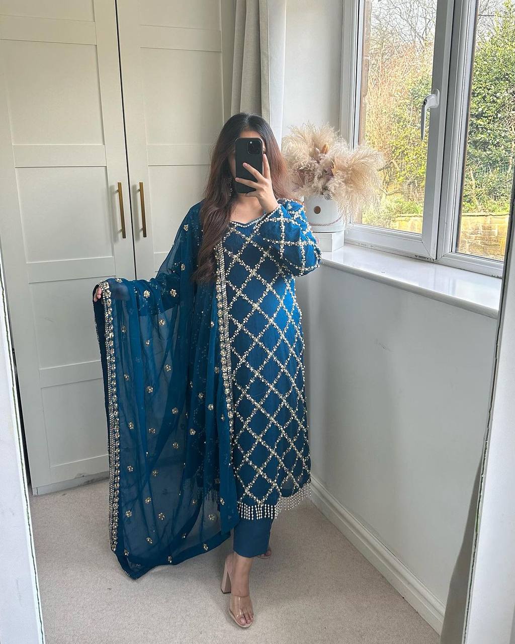 DESIRABLE FANCY FAUX GEORGETTE SEQUENCE EMBROIDERED WORK TOP AND PENT WITH DUPATTA