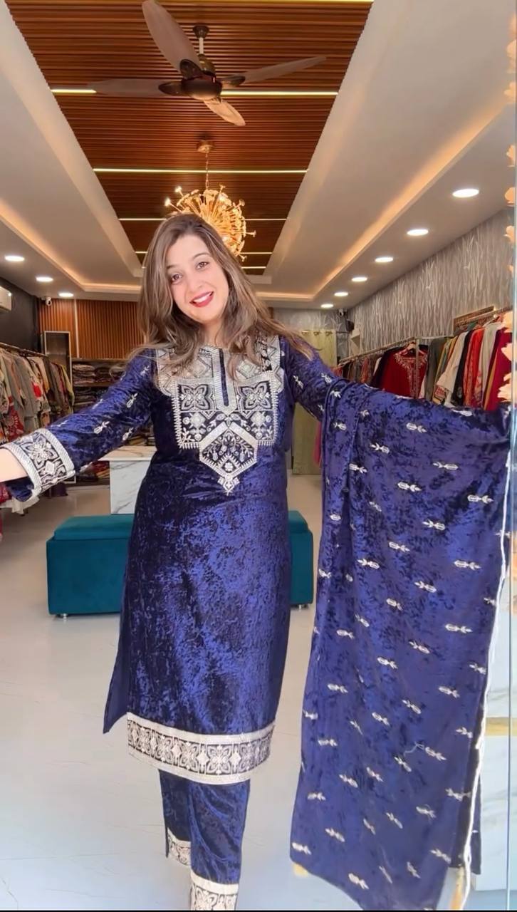 Navy Blue Pure Viscose Velvet  Work Salwar Suit