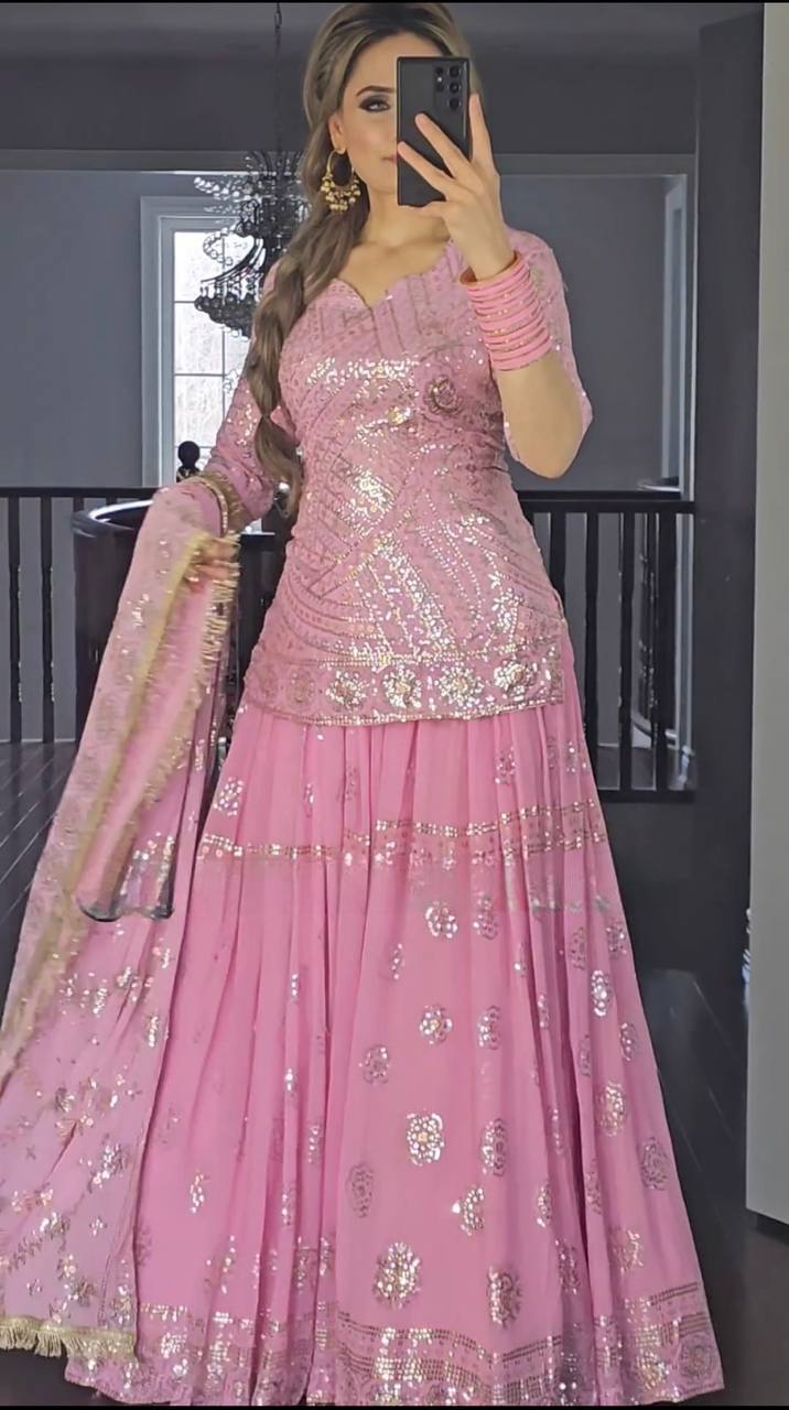 Pink  Colour New Designer Party Wear Look Top Lehenga and Dupatta With Heavy Embroidery Work Set