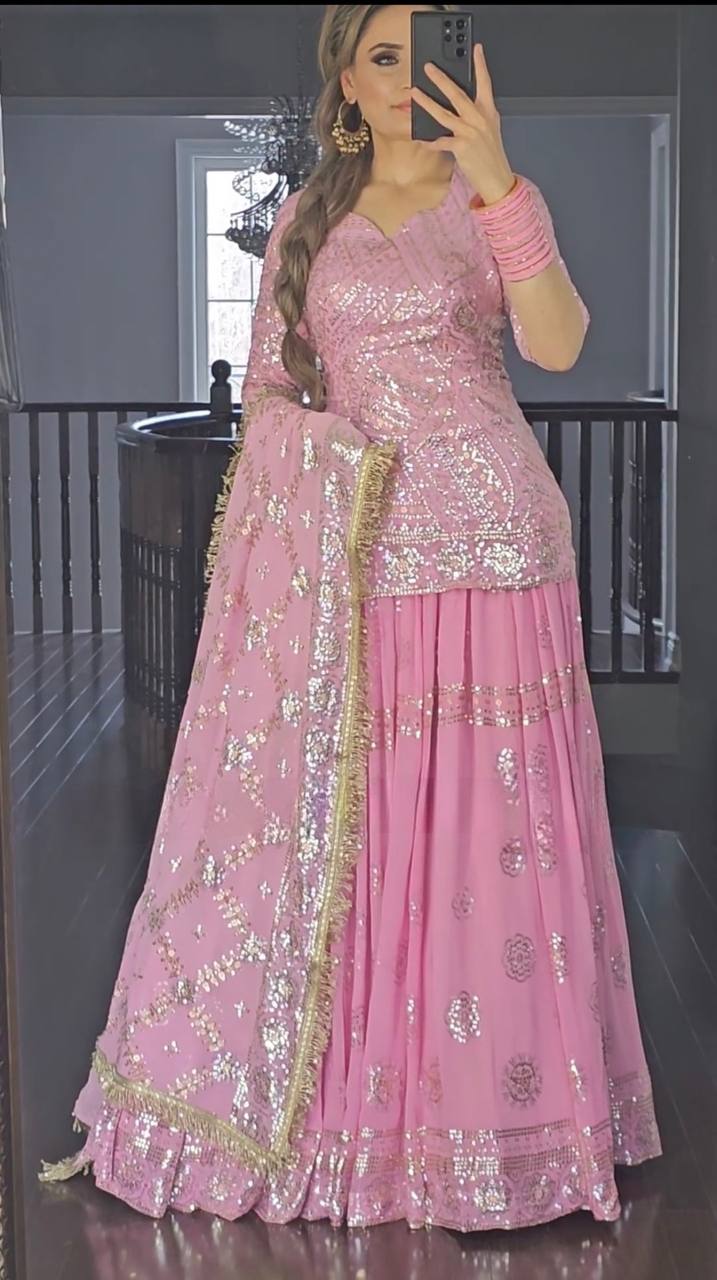 Pink  Colour New Designer Party Wear Look Top Lehenga and Dupatta With Heavy Embroidery Work Set