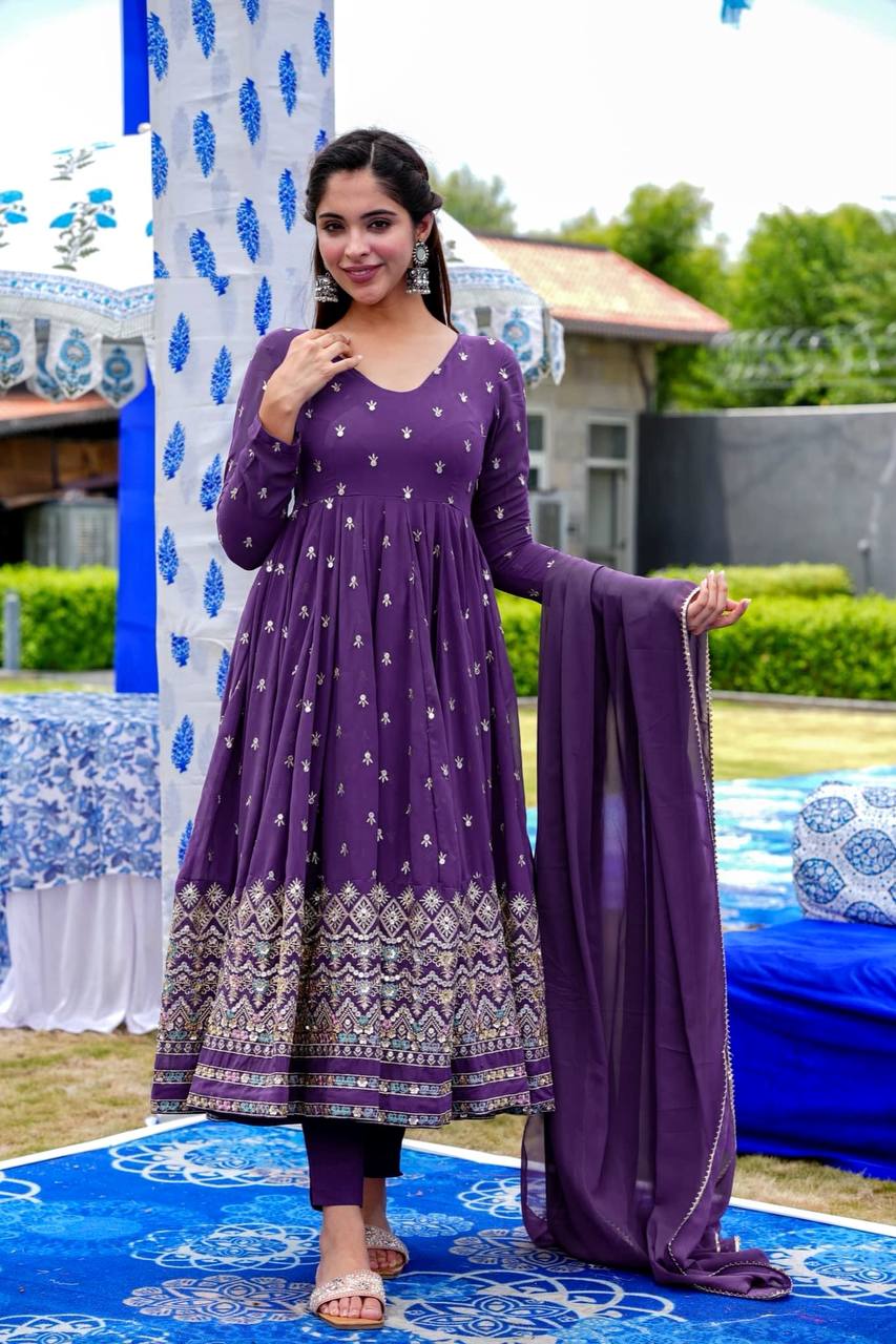 Lavender Sequence Work Anarkali Gown