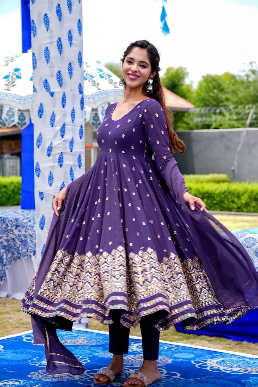 Lavender Sequence Work Anarkali Gown