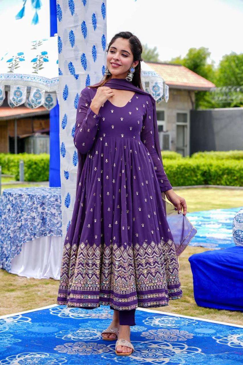 Lavender Sequence Work Anarkali Gown