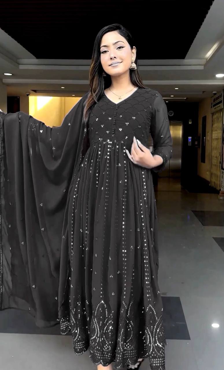 Wedding Wear Black Colour Embroidery With Sequence Work Long Gown