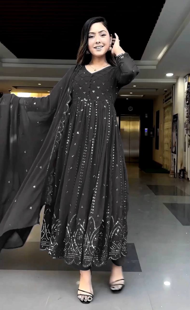 Wedding Wear Black Colour Embroidery With Sequence Work Long Gown