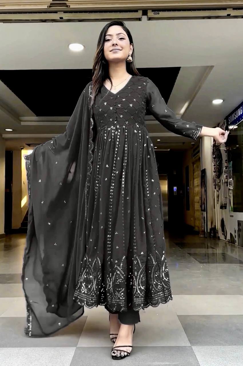 Wedding Wear Black Colour Embroidery With Sequence Work Long Gown