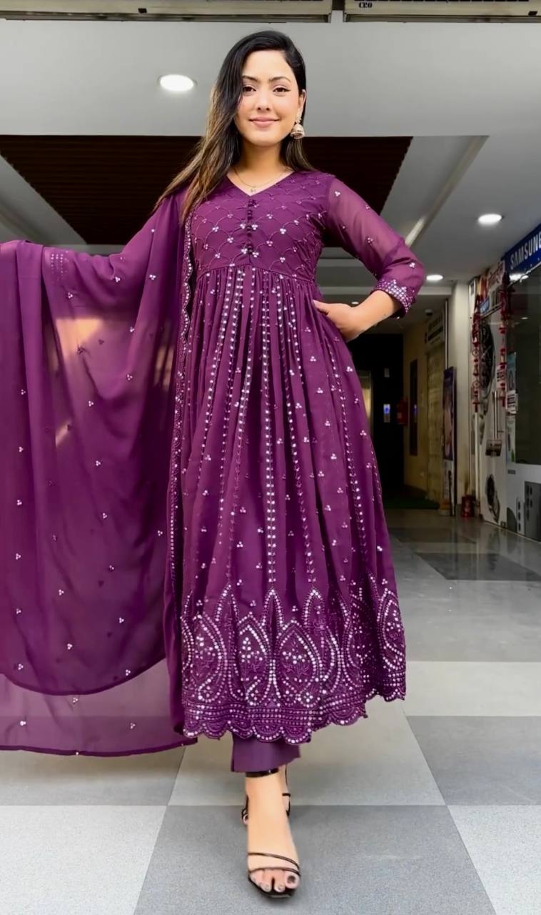 Wedding Wear purple Colour Embroidery With Sequence Work Long Gown